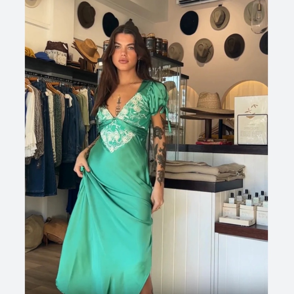 Free People Emerald Green Satin Maxi Dress with Embroidered Bodice - Picture 5 of 8